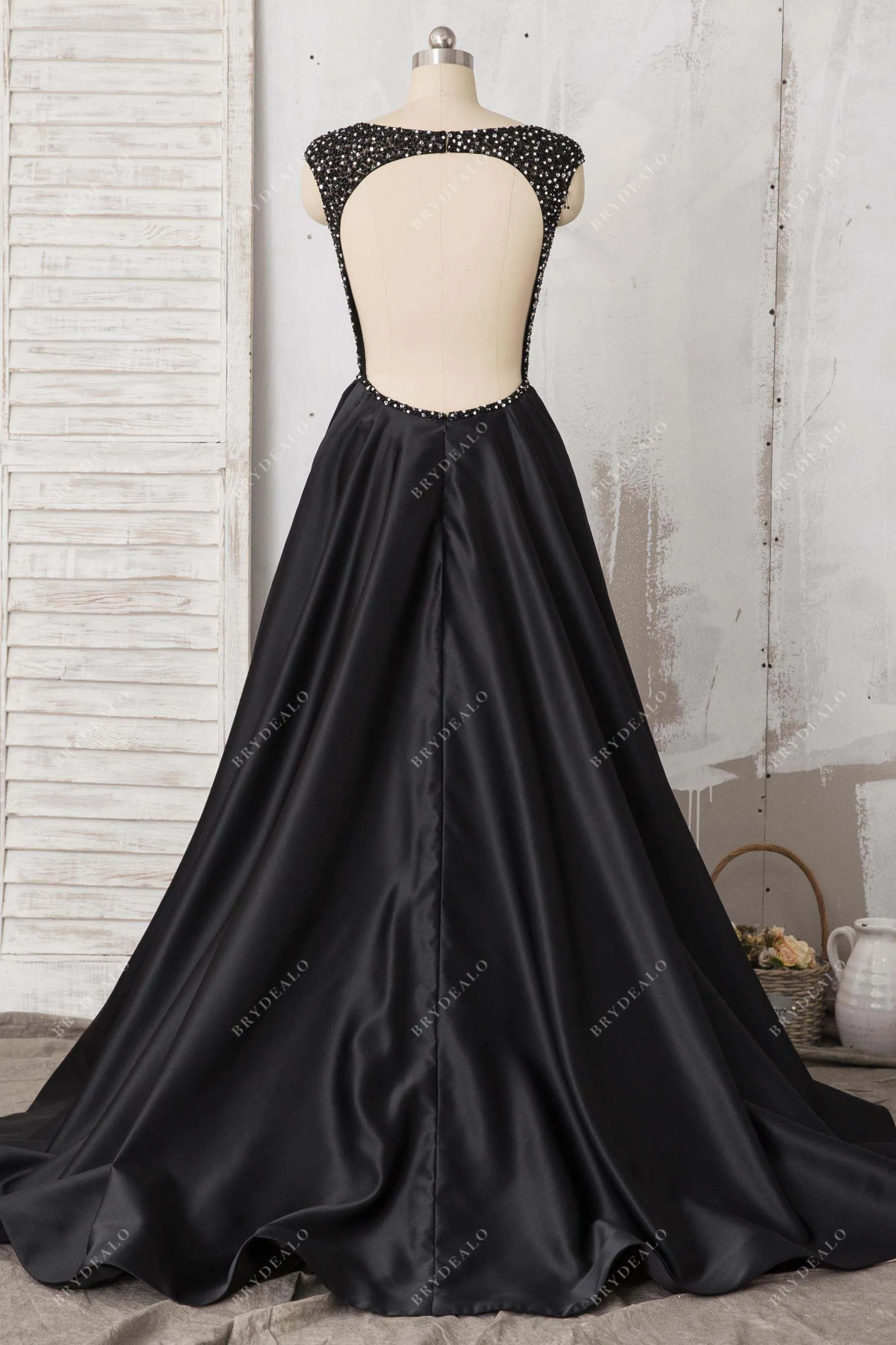Black Cap Sleeve Beaded Satin A-line Formal Dress