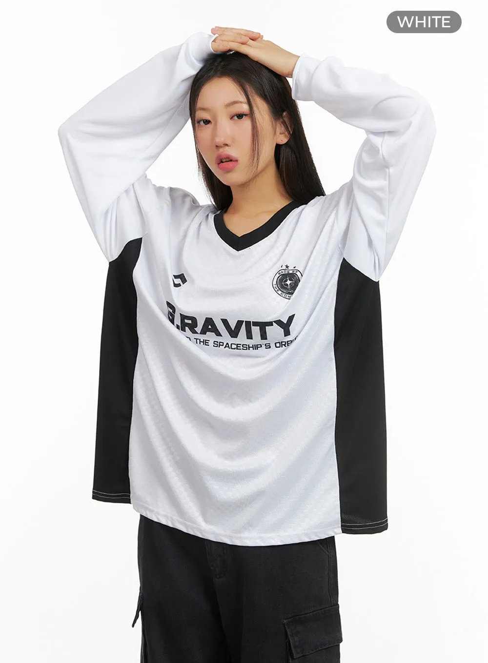 Mesh V-Neck Lettering Jersey Top IS402