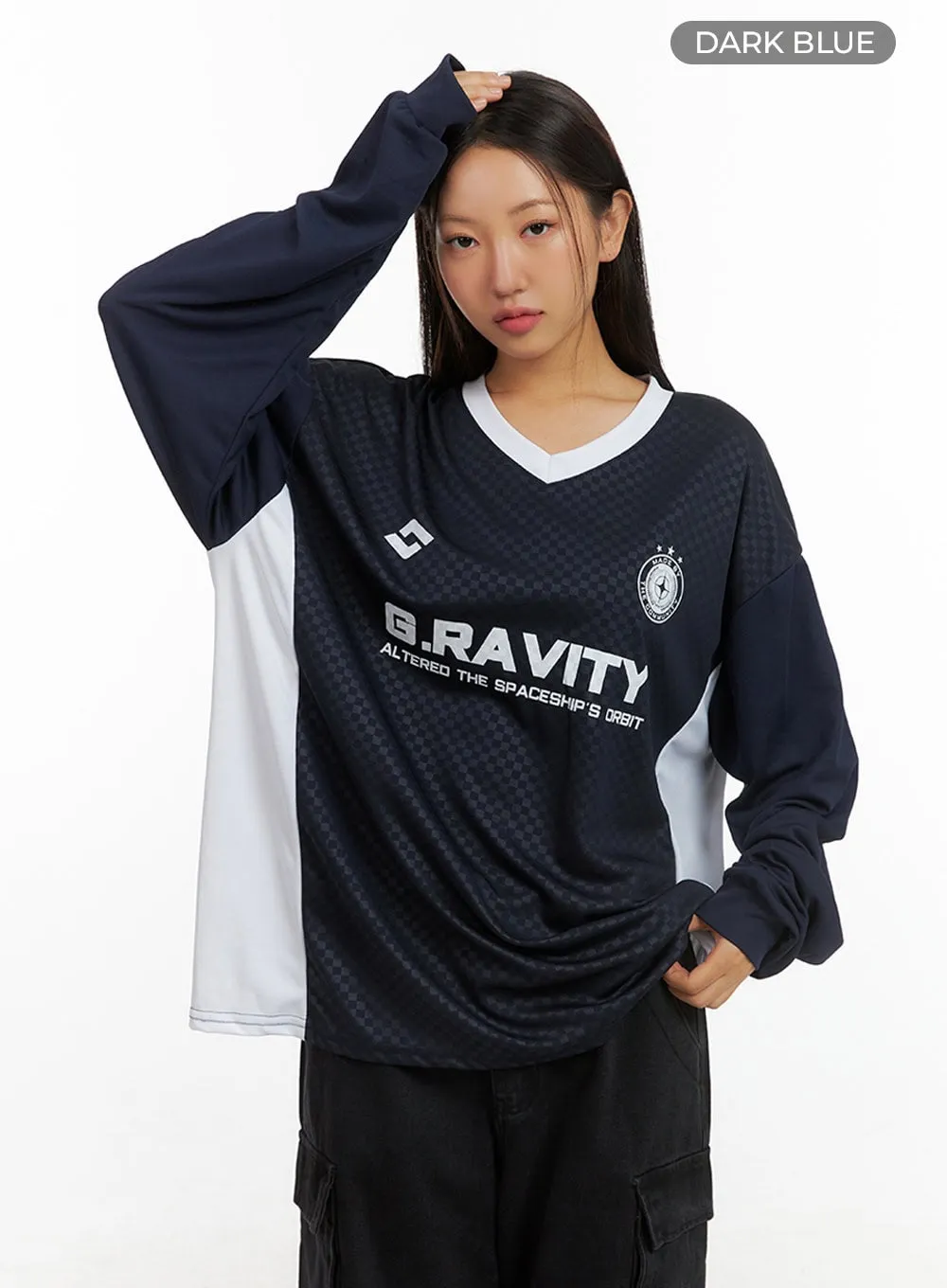 Mesh V-Neck Lettering Jersey Top IS402