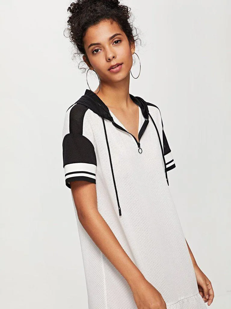 O-Ring Zip Front Ruffle Hem Hooded Dress