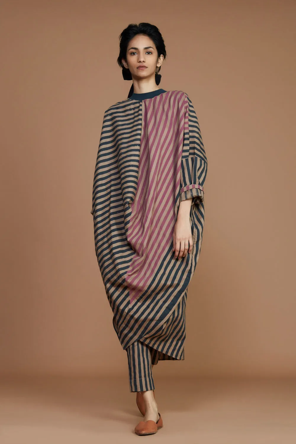 Ribbed Cowl Tunic Striped Brown Co-Ord Set (2 Pcs)