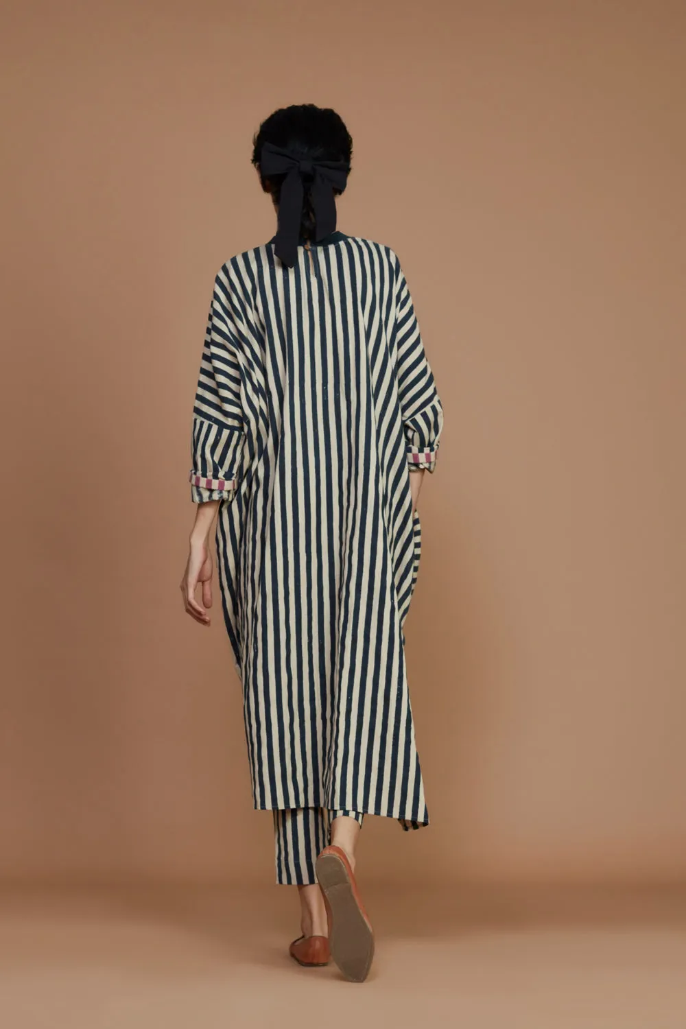 Ribbed Cowl Tunic Striped Ivory Co-Ord Set (2 Pcs)