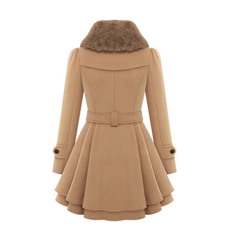 Women Thicken Faux Fur Collared Winter Long Peacoat Coat Trench Outerwear Jacket